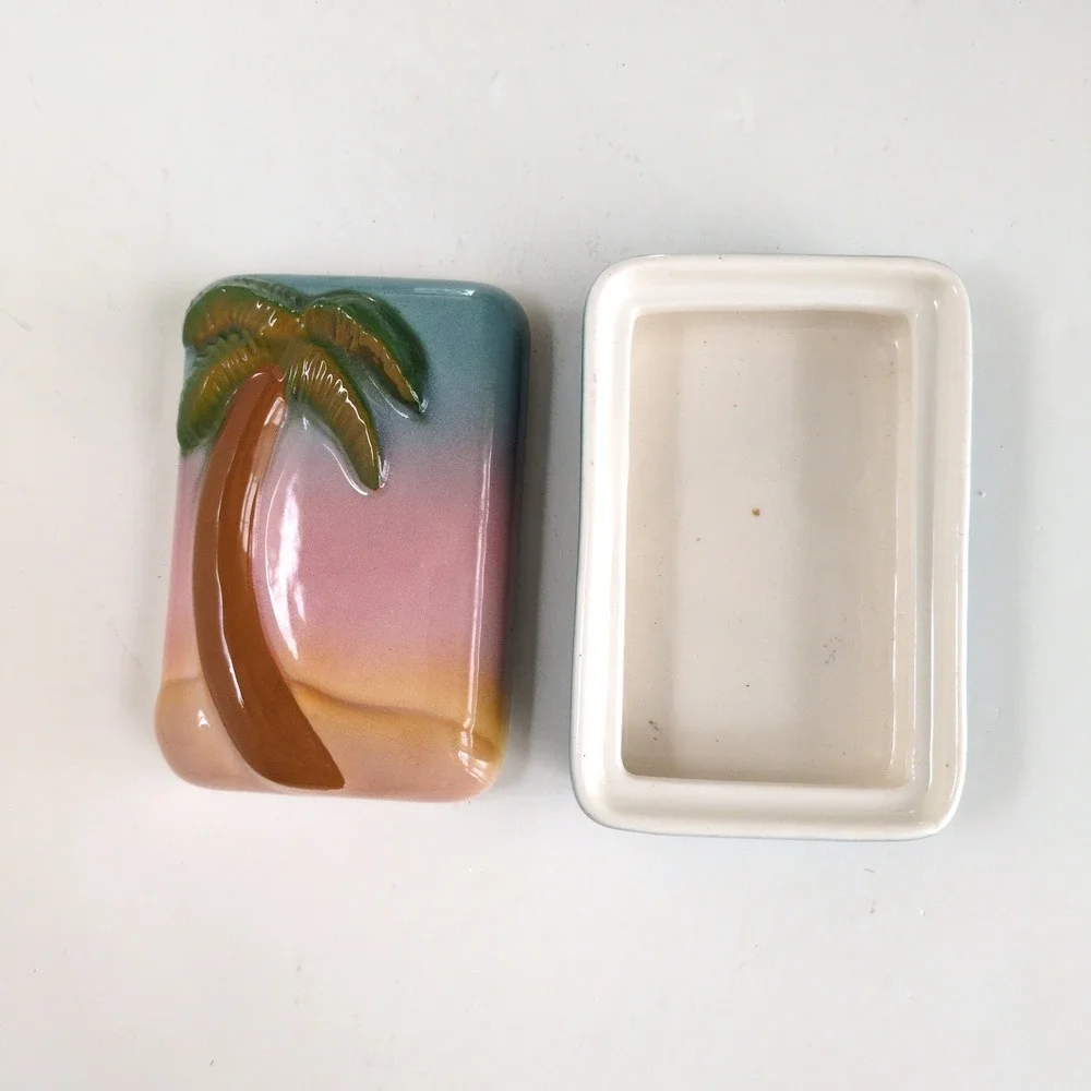 Vtg 80s Tropical Palm Tree Trinket Box Jewelry Lidded Ceramic Sunset Beach Small